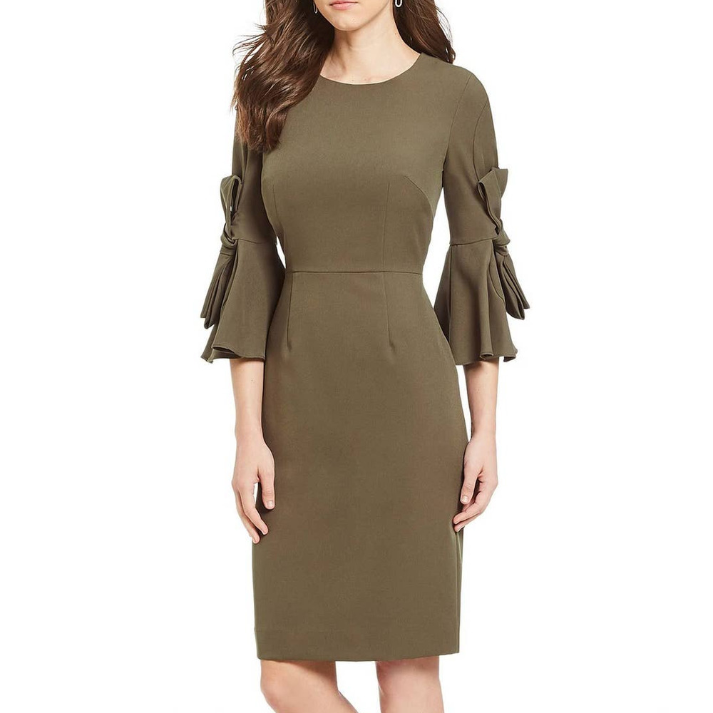 Antonio Melani Olive Green Bow Sleeve Pencil Sheath Dress Womens 12